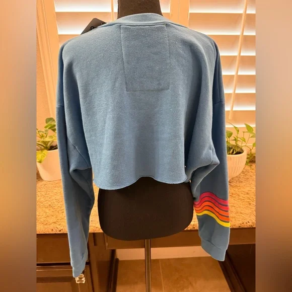 NWT Aviator Nation | RUGBY CROPPED CREW SWEATSHIRT | Cobalt/ Neon | Size S - Picture 5 of 8